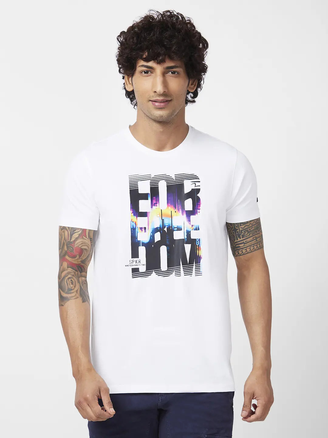 Spykar Men White Blended Slim Fit Half Sleeve Round Neck Printed Tshirt