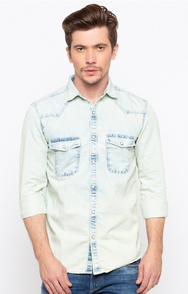 Spykar Men'S Blue Cotton Solid Casual Shirts