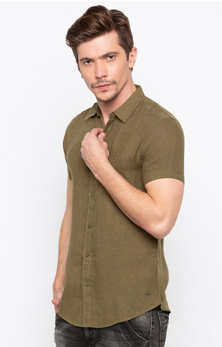 Spykar Men'S Green Cotton Solid Casual Shirts