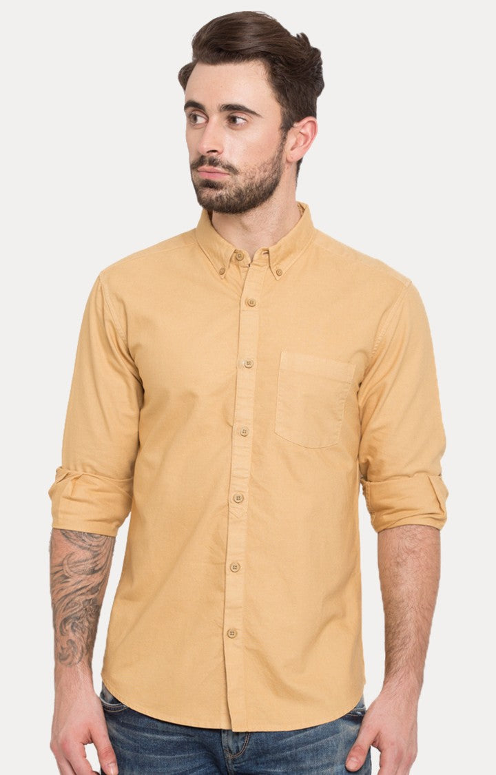 Spykar Men'S Beige Cotton Solid Casual Shirts