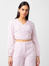Spykar Women Pink Cotton Slim Fit Striped Crop Top