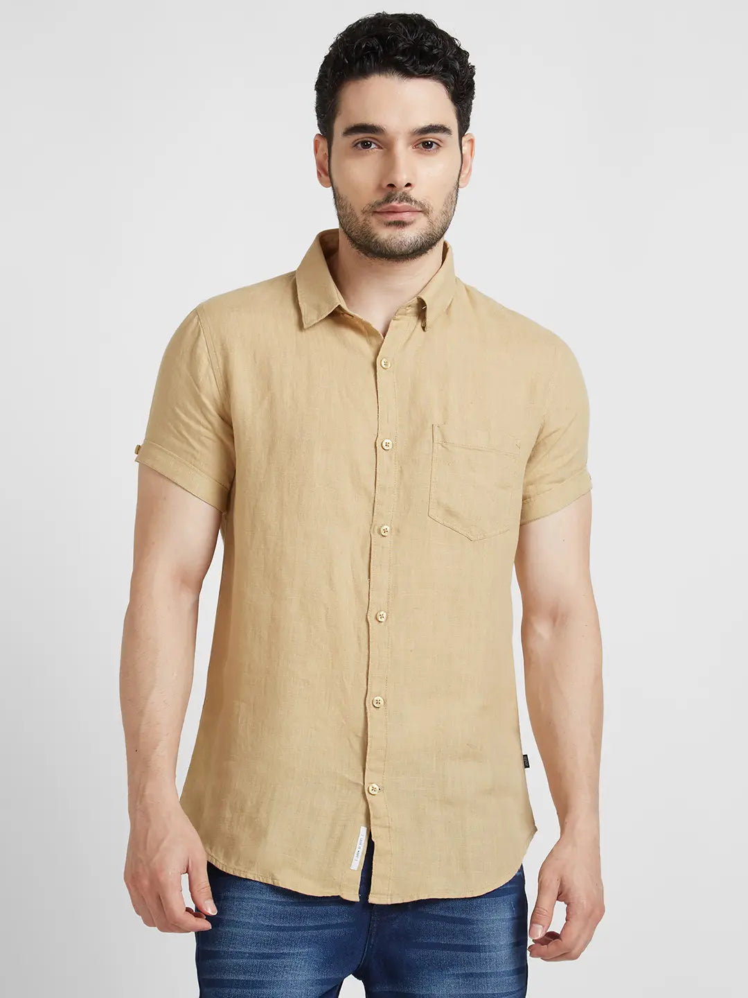 Spykar Men Camel Khaki Linen Regular Slim Fit Half Sleeve Plain Shirt