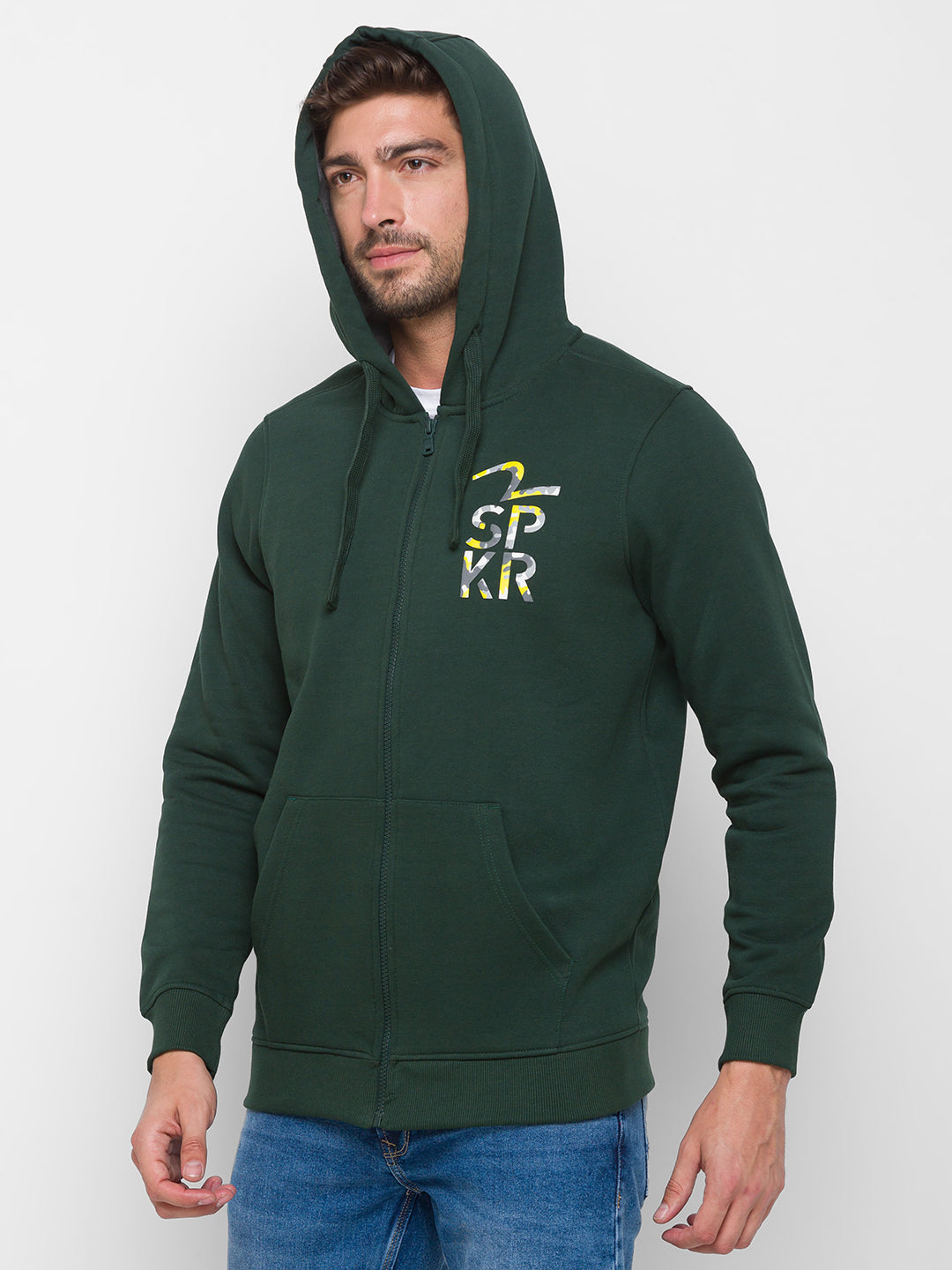 Spykar Men Green Cotton Full Sleeve Hooded Sweatshirt