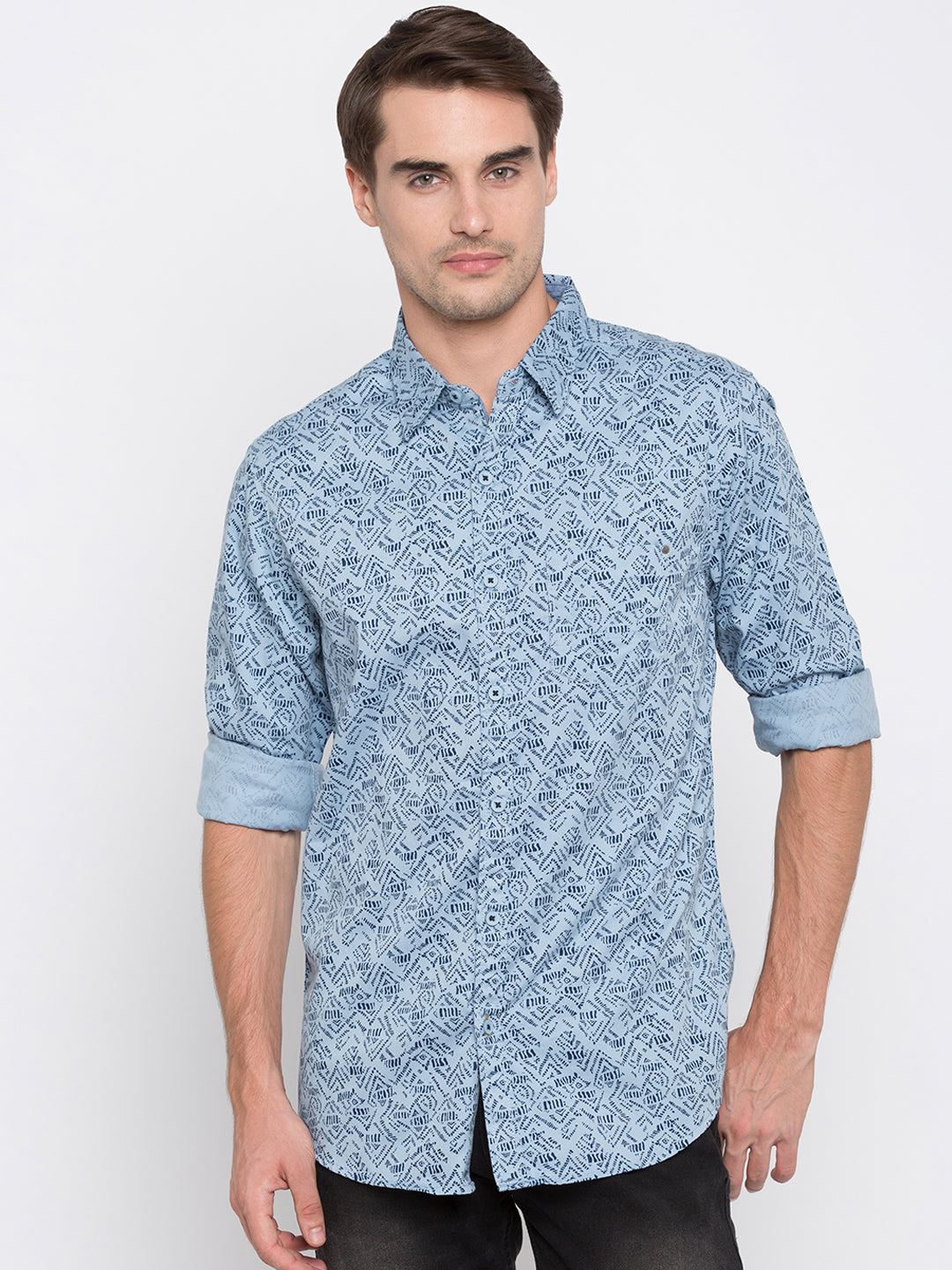 Spykar Blue Cotton Slim Fit Shirts For Men