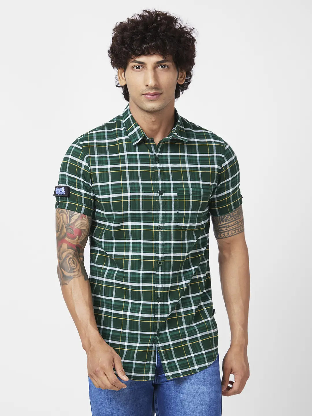 Spykar Men Dark Green Cotton Regular Slim Fit Half Sleeve Casual Checkered Shirt