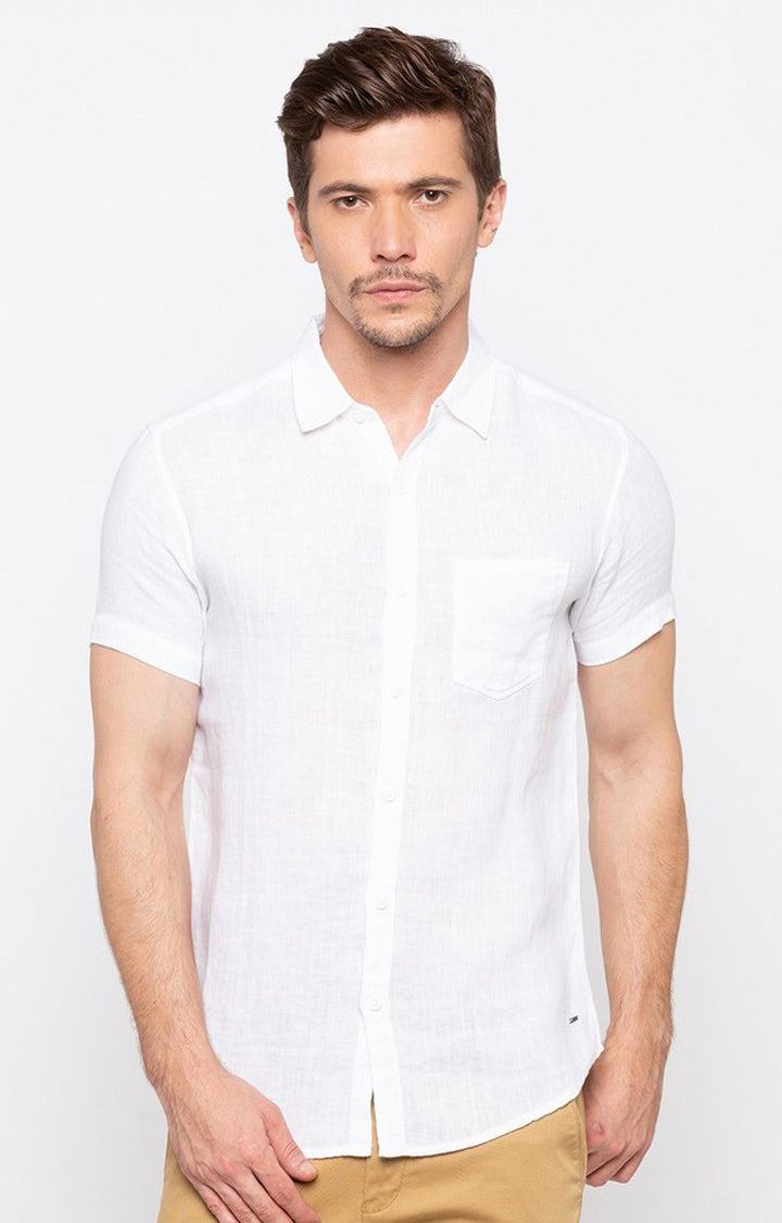 Spykar Men'S White Cotton Solid Casual Shirts