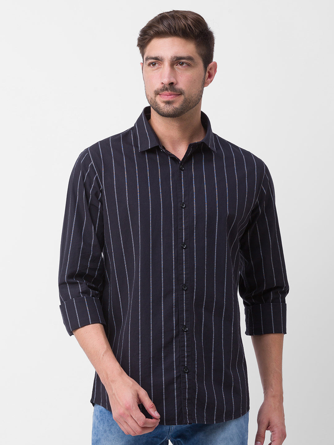 Spykar Black Cotton Full Sleeve Stripes Shirt For Men