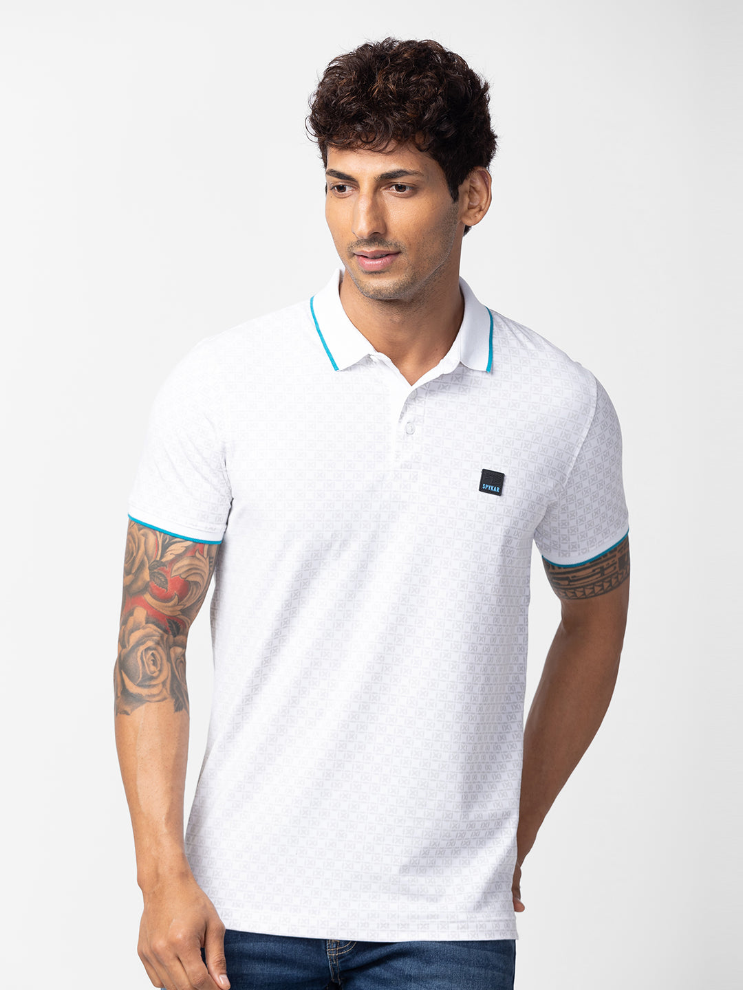 Spykar Men White Cotton Regular Fit Half Sleeve Printed Polo T-Shirt