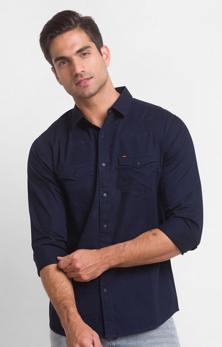 Spykar Navy Blue Cotton Full Sleeve Plain Shirt For Men