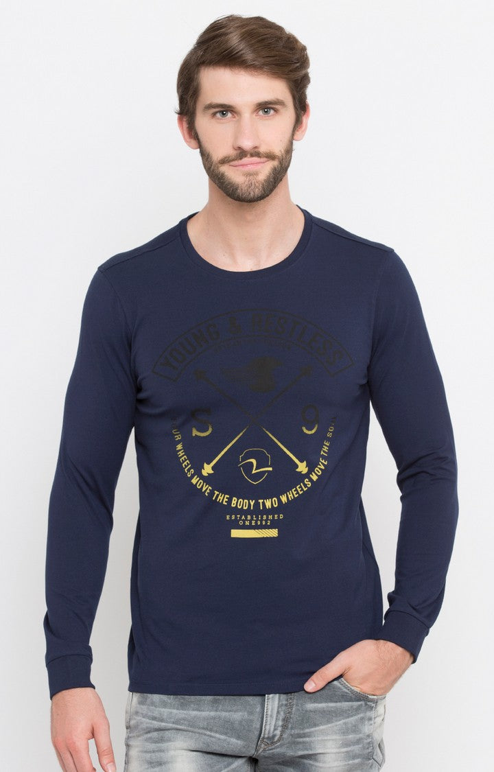 Spykar Blue Printed Slim Fit Men T-Shirts