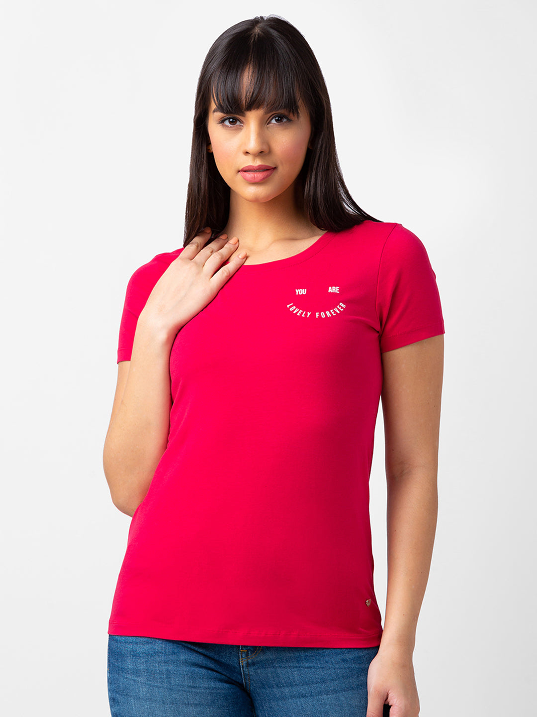 Spykar Women Rosebud Blended Regular Fit Half Sleeve Solid Tshirt