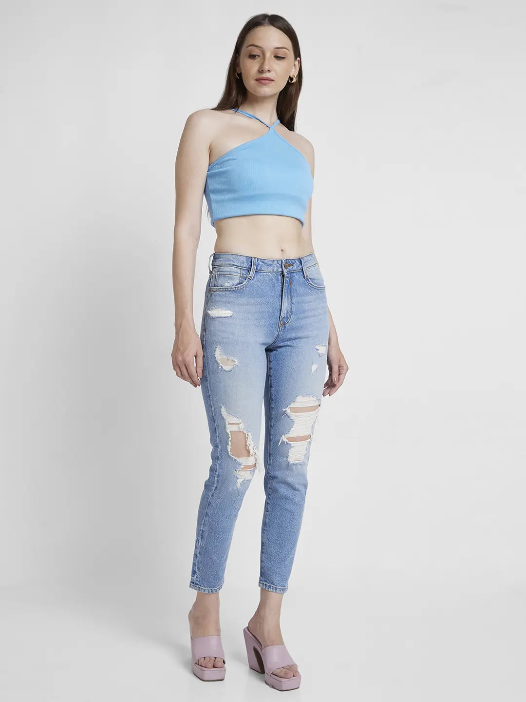 Women Jeans Mom Fit Light Blue Mid Rise