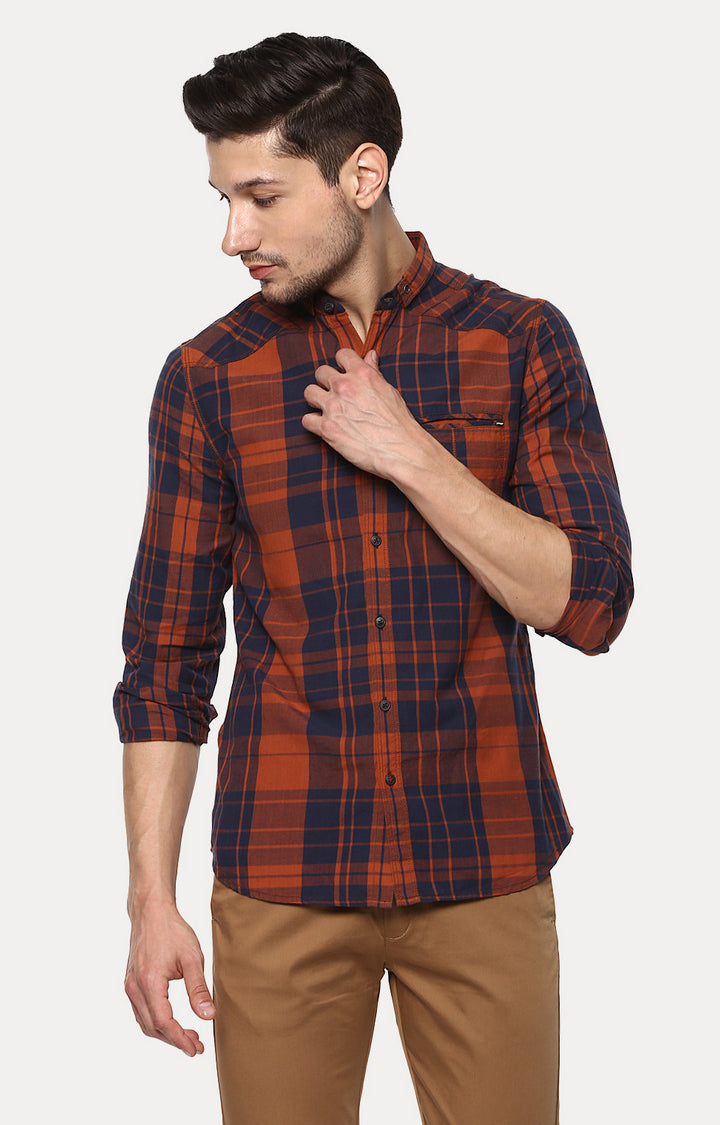 Spykar Men'S Orange Cotton Checked Casual Shirts