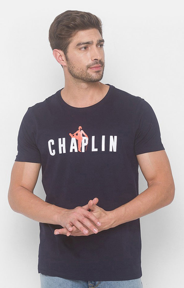 Charlie Chaplin Spykar Men Navy Blue Cotton Slim Fit Round Neck Printed T-Shirt