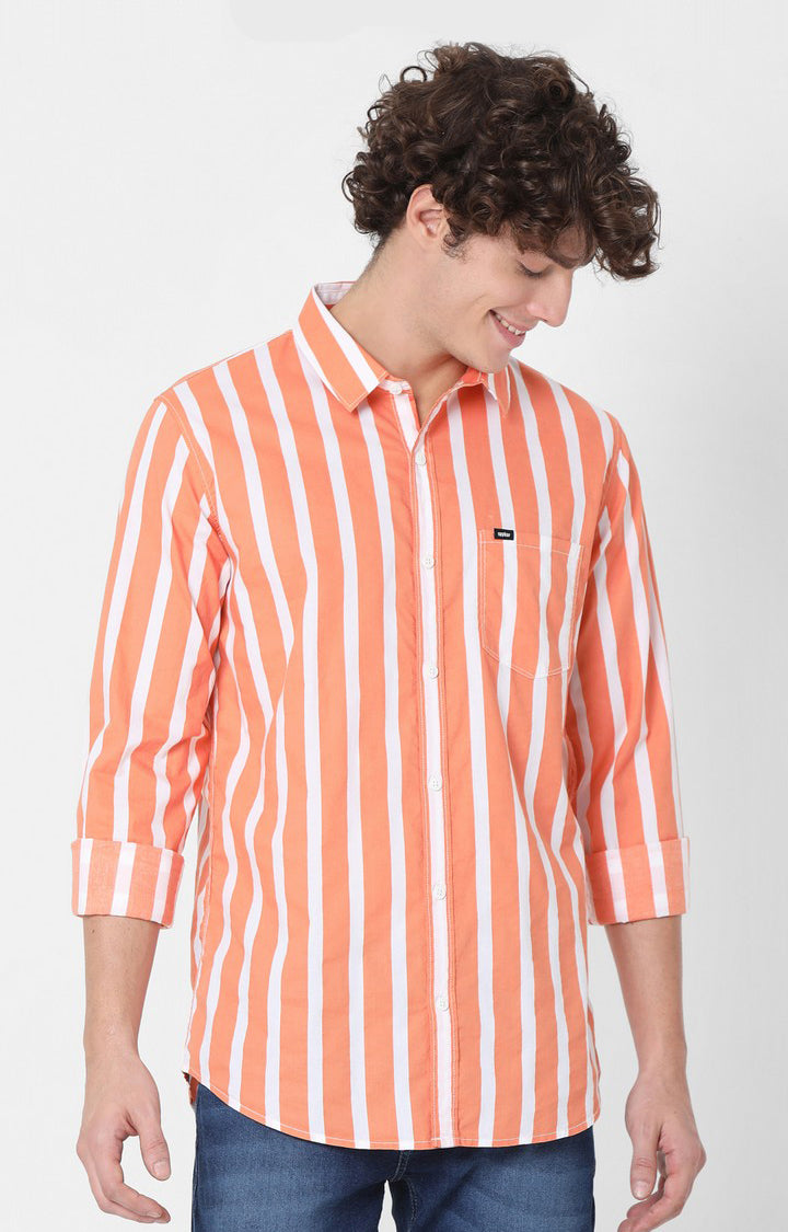 Spykar Slim Fit Orange Full Sleeve Striped Shirts For Mens