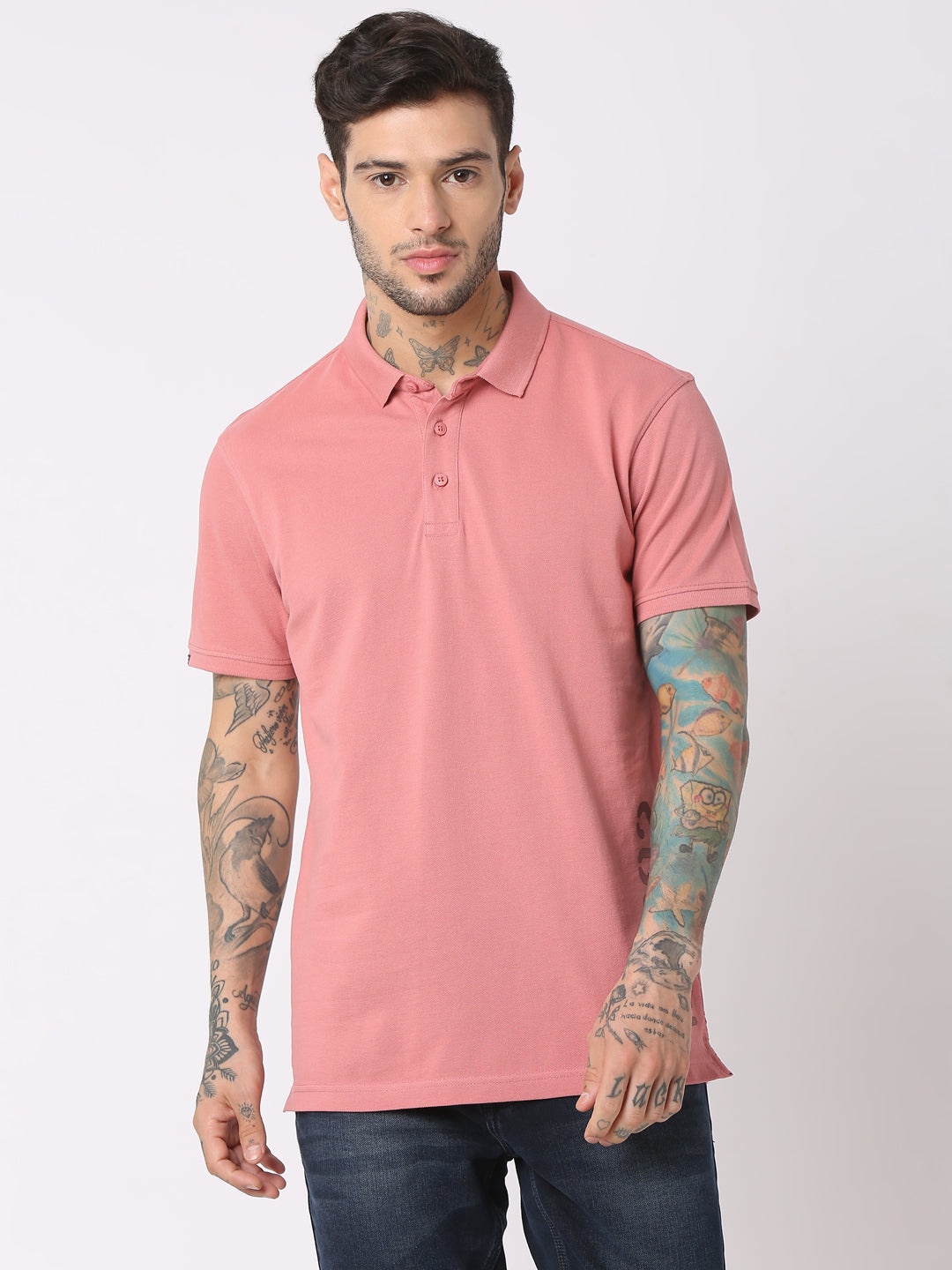 Spykar Men Dusty Pink Cotton Regular Fit Polo Plain T-Shirt