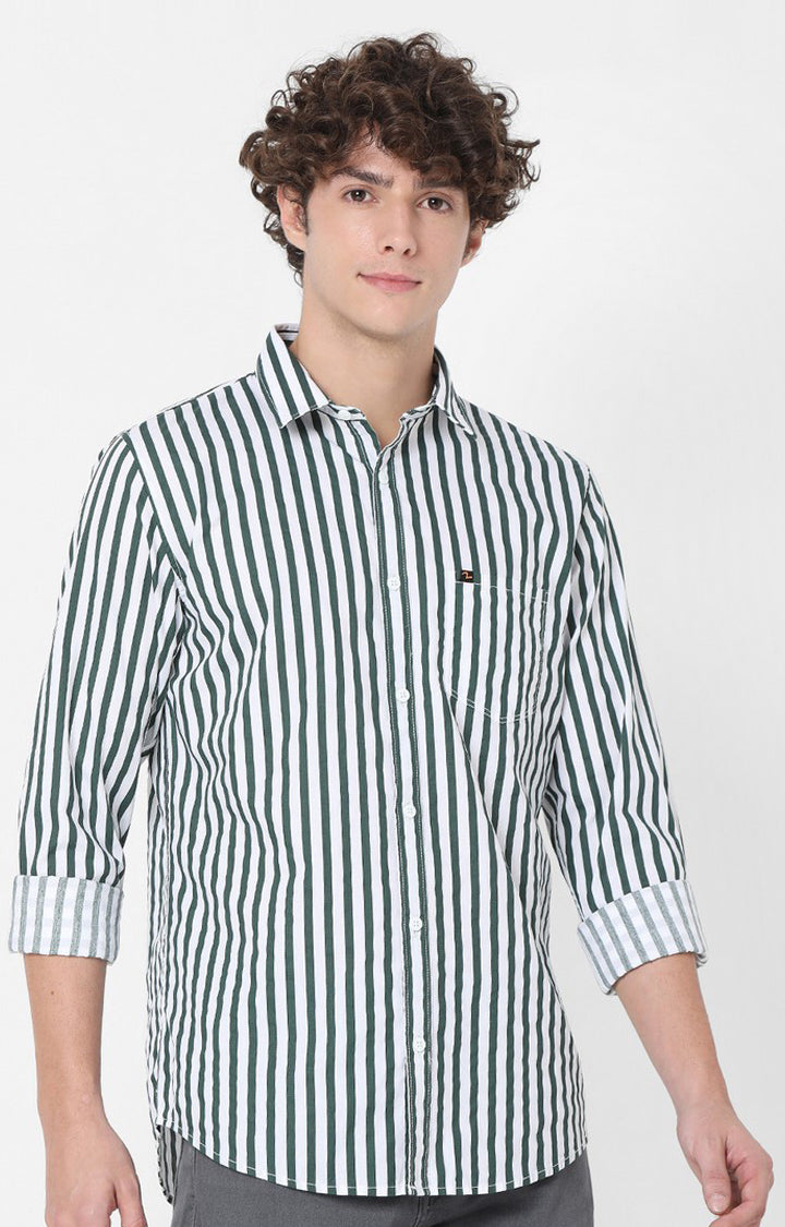 Spykar Slim Fit Green Striped Full Sleeve Shirts For Men