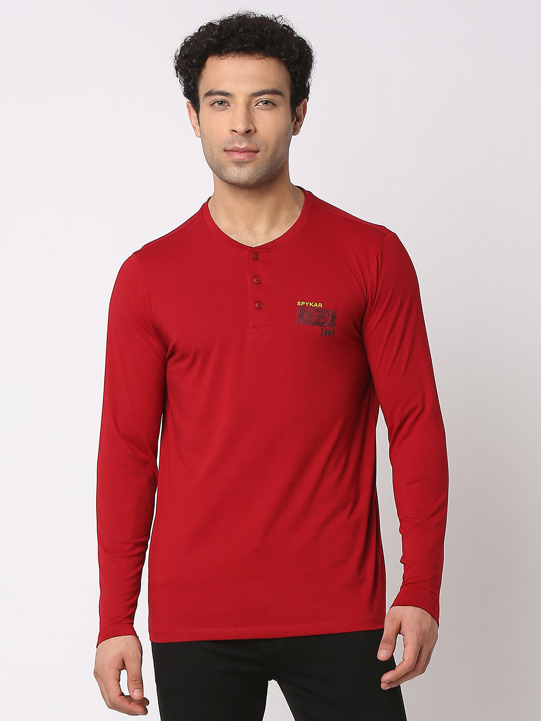 Spykar Men Deep Red Cotton Slim Fit Henley Neck Plain T-Shirt