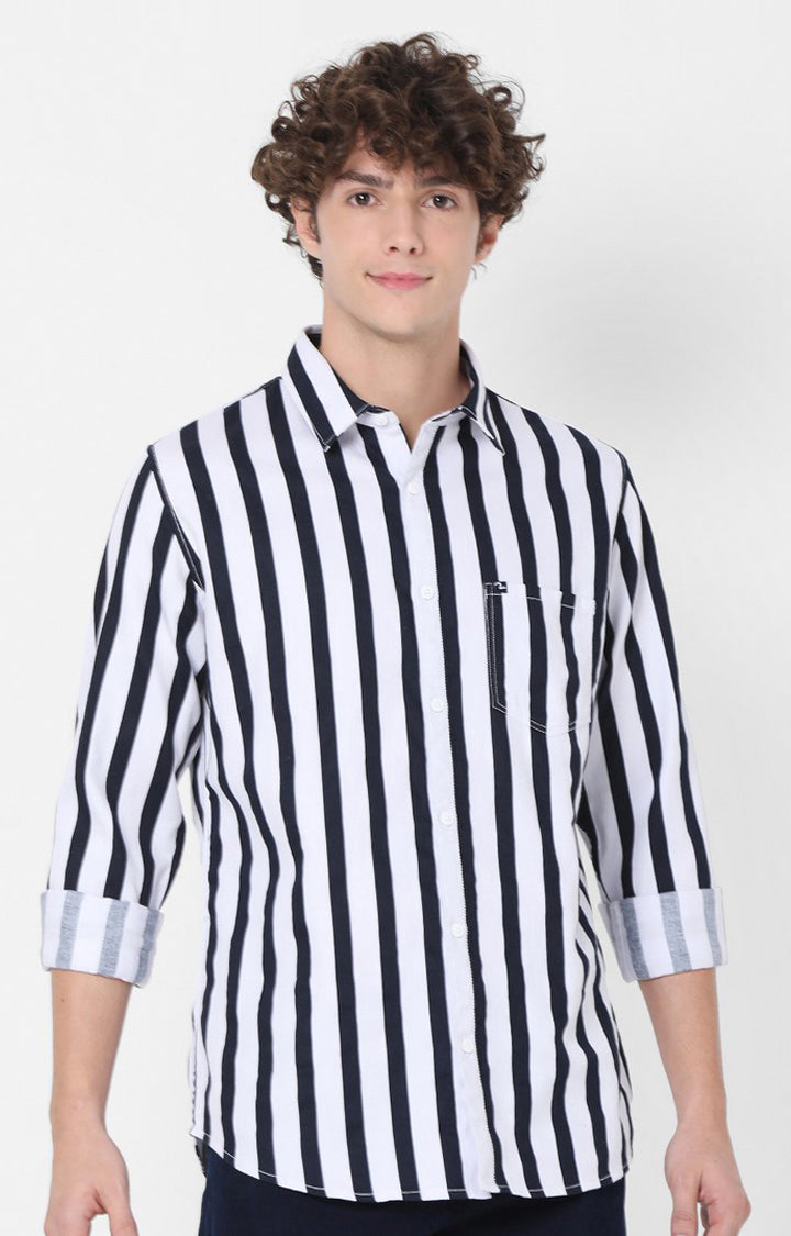 Spykar Slim Fit Navy Blue Striped Full Sleeve Shirts For Men