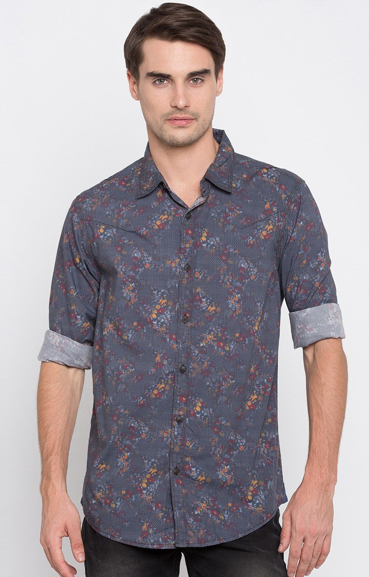 Spykar Men'S Grey Cotton Printed Casual Shirts