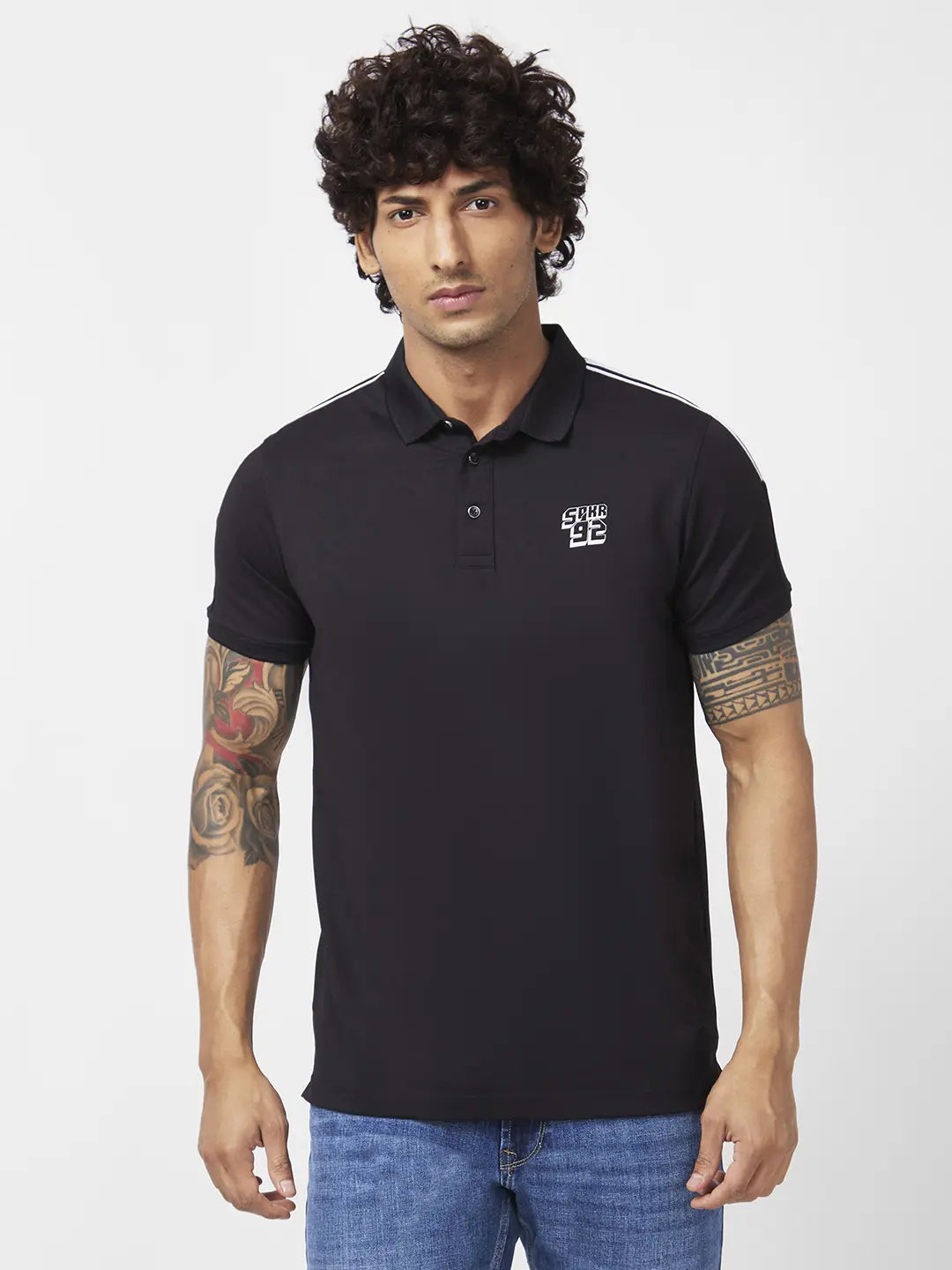 Spykar Men Black Blended Slim Fit Half Sleeve Polo Neck Plain Tshirt