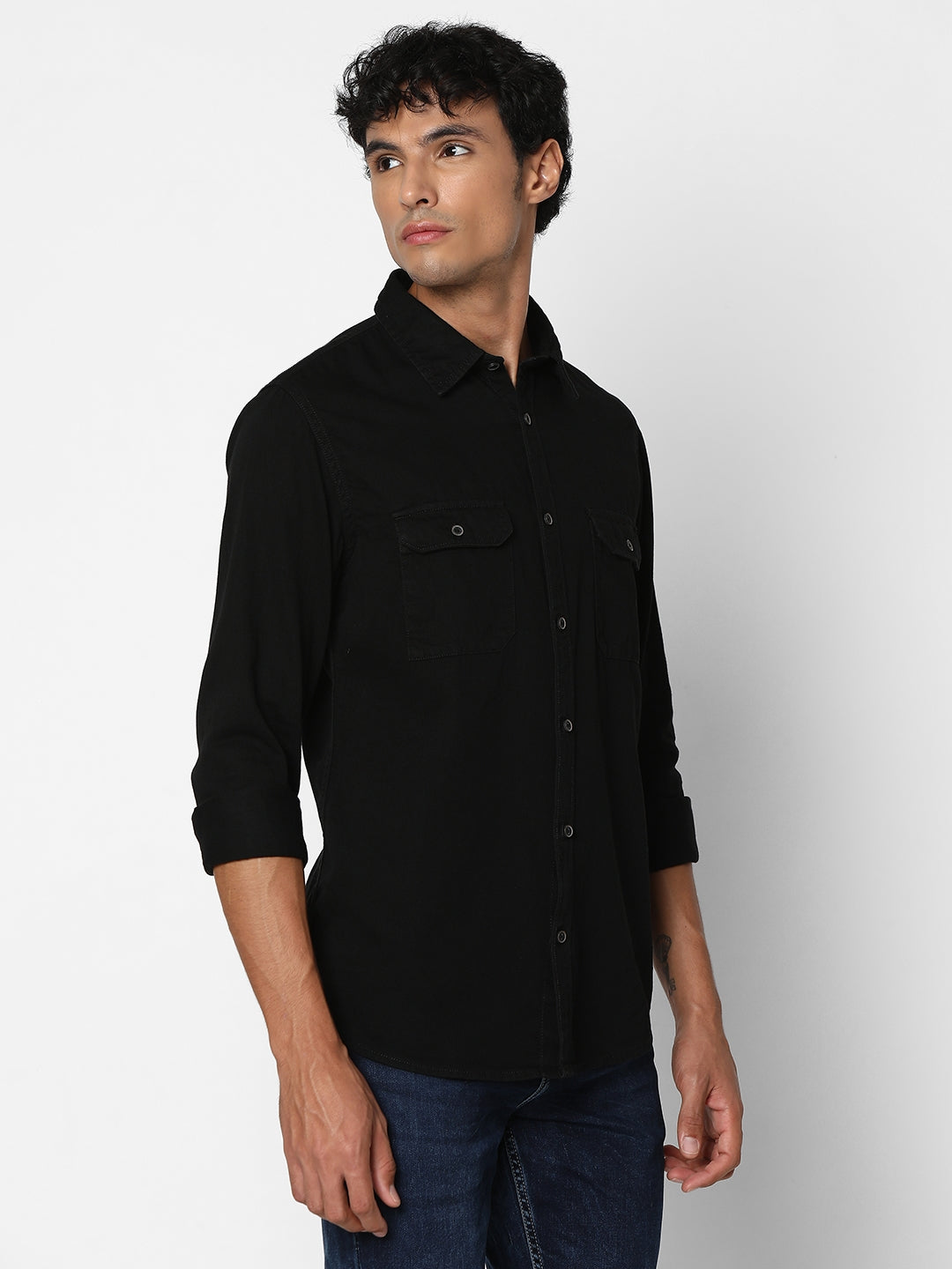 Spykar Men Black Cotton Slim Fit Denim Shirt