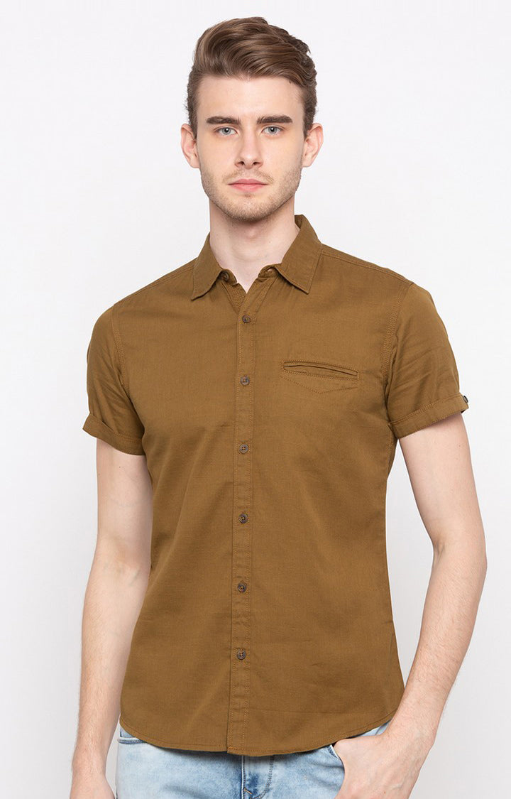 Spykar Men'S Brown Cotton Solid Casual Shirts