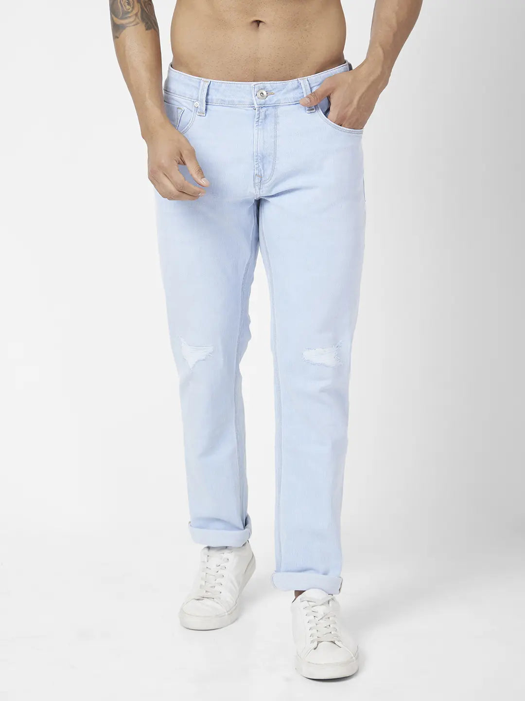 Spykar Men Light Blue Cotton Stretch Regular Fit Narrow Length Clean Look Mid Rise Jeans (Rover)