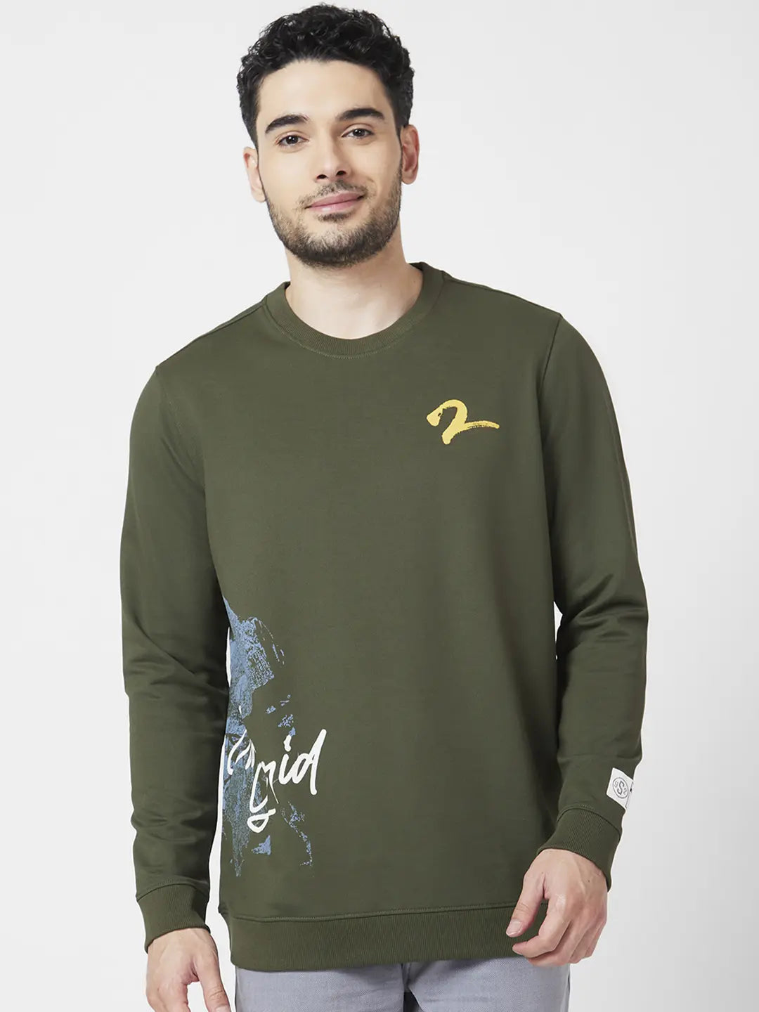 Spykar Men Rifle Green Blended Slim Fit Full Sleeve Round Neck Plain Sweatshirt