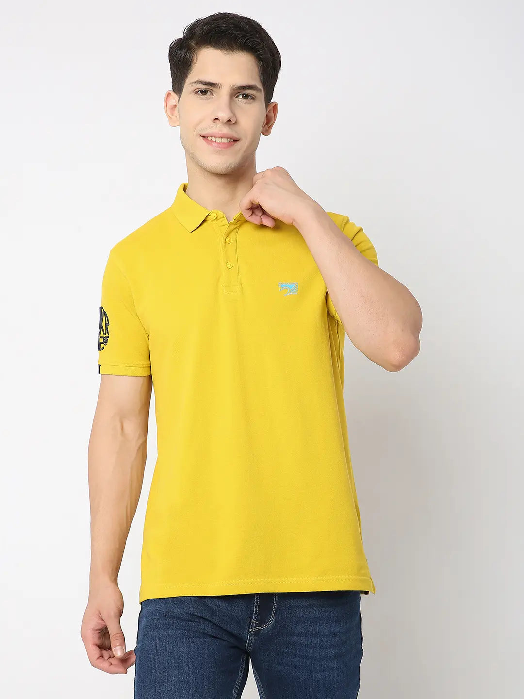 Spykar Men Sulphur Yellow Cotton Regular Fit Plain Polo Tshirt