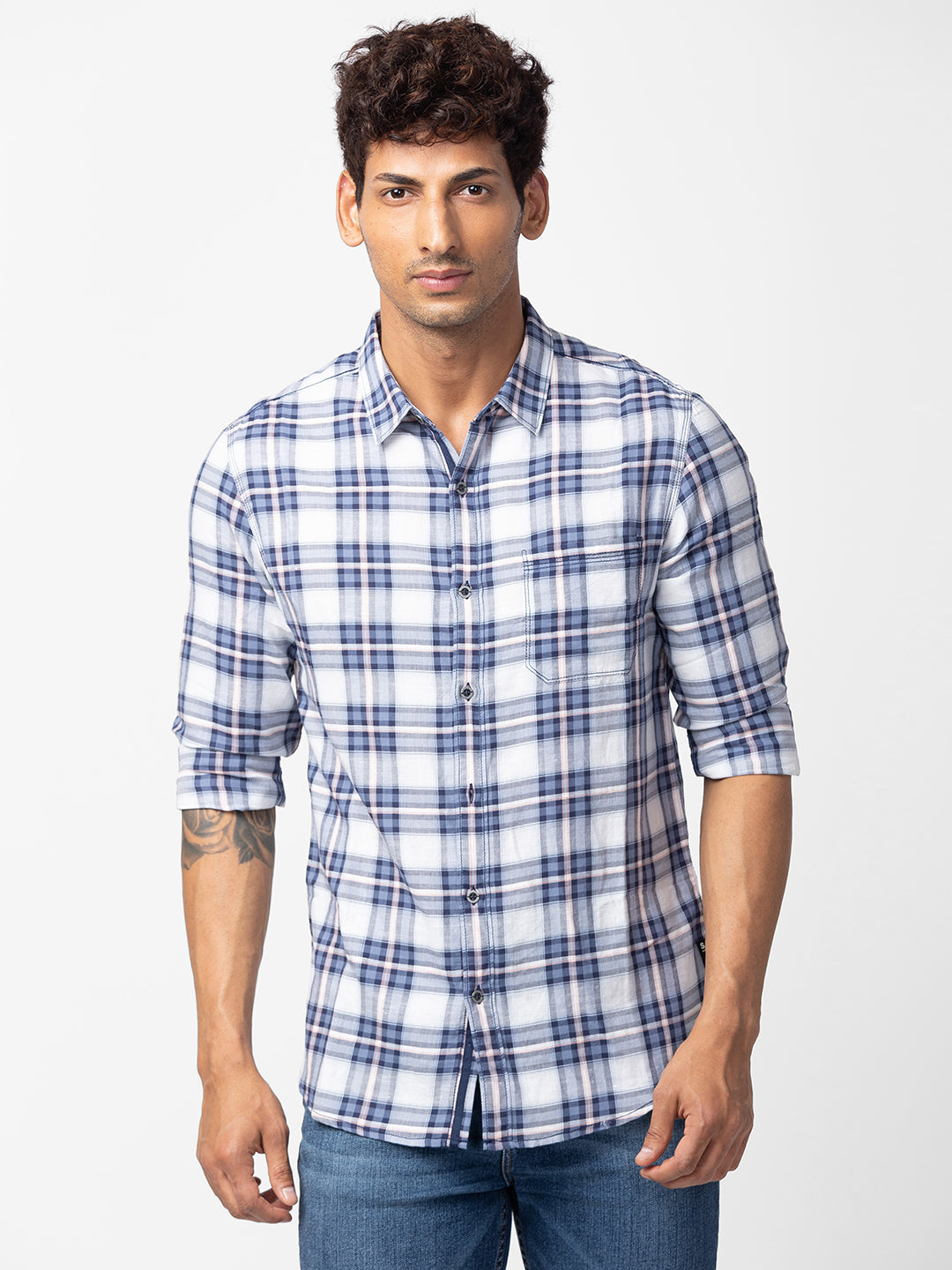 Spykar Men Navy Blue Cotton Slim Fit Checkered Shirt