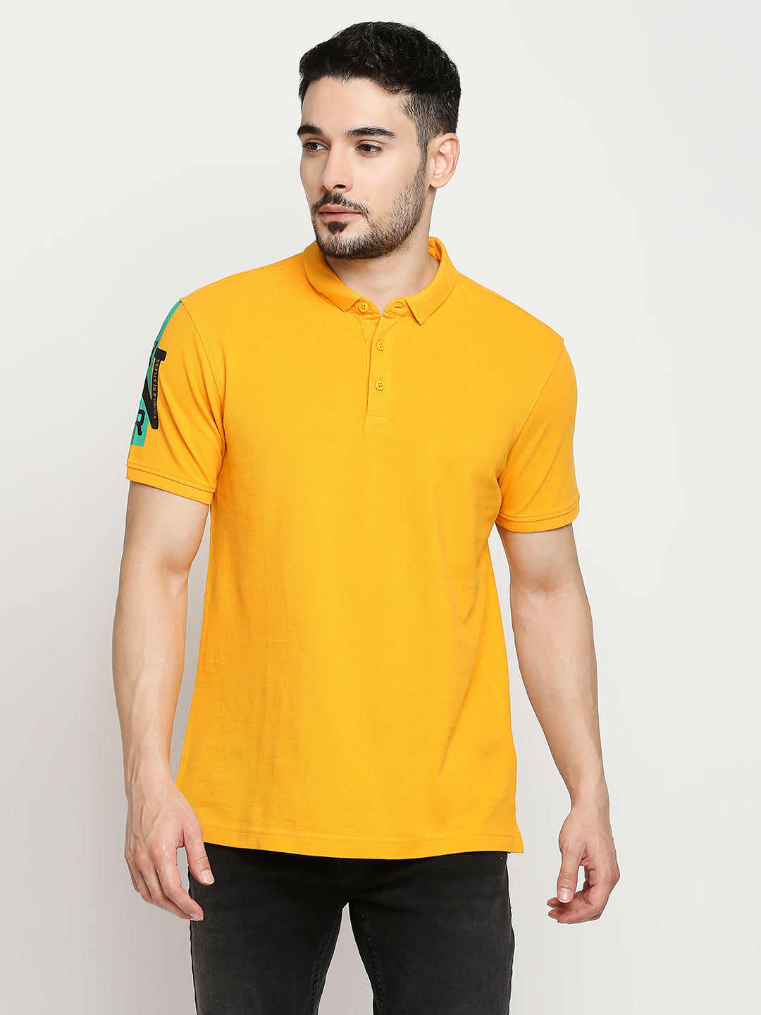 Spykar Chrome Yellow Cotton Half Sleeve Plain Polo Casual T-Shirts For Men