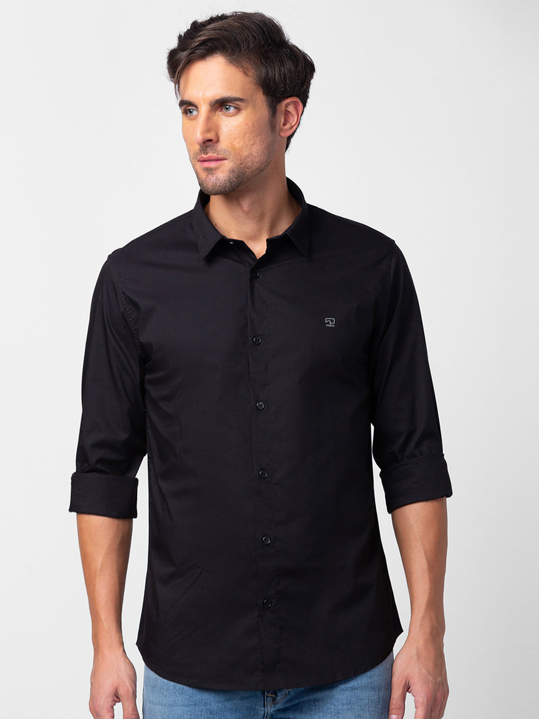 Spykar Men Black Cotton Slim Fit Plain Shirt