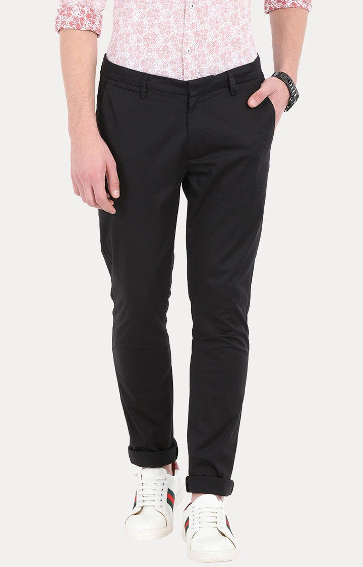 Spykar Men Black Cotton Slim Fit Casual Trousers