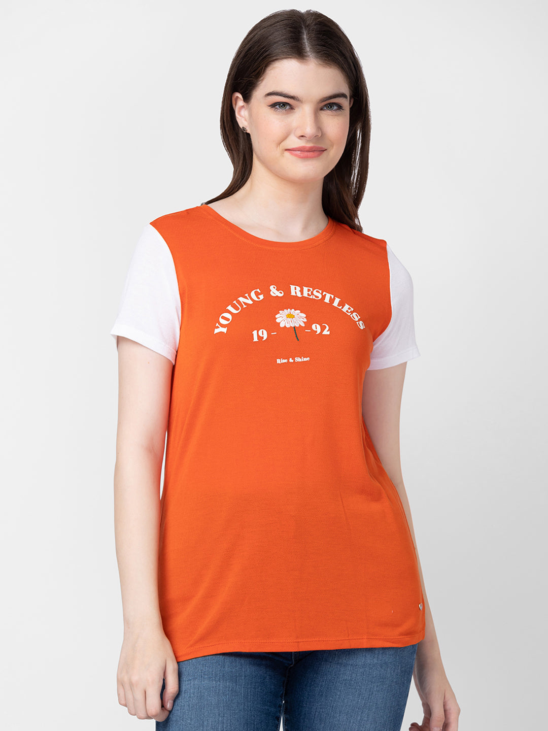 Spykar Women Burnt Orange Cotton Slim Fit Printed T-Shirts