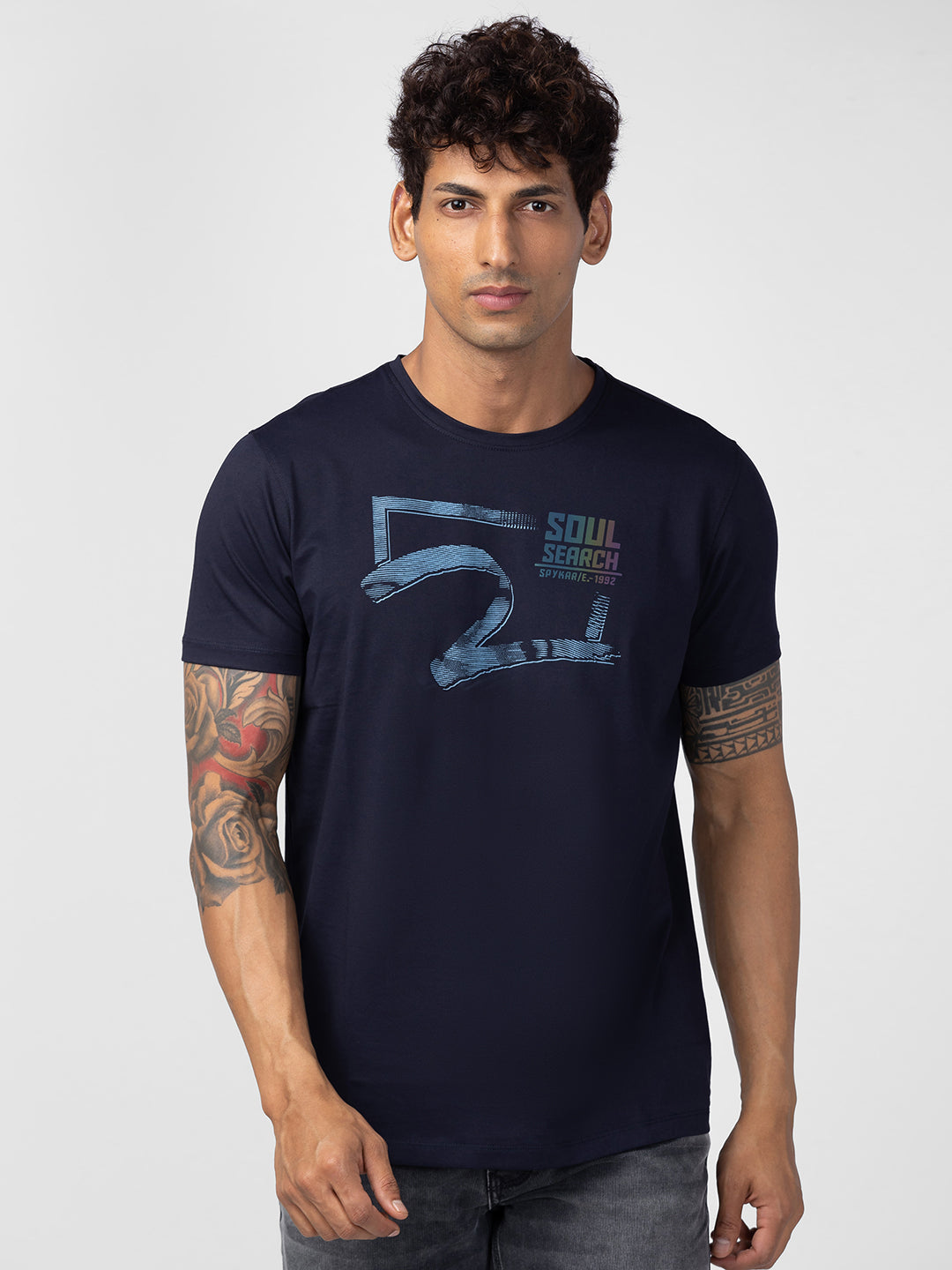 Spykar Men Navy Blue Cotton Regular Fit Half Sleeve Printed T-Shirt