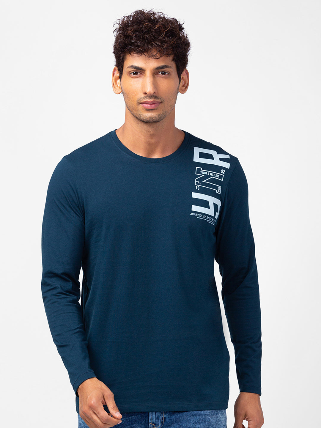 Spykar Men Teal Blue Cotton Slim Fit Round Neck Printed T-Shirt