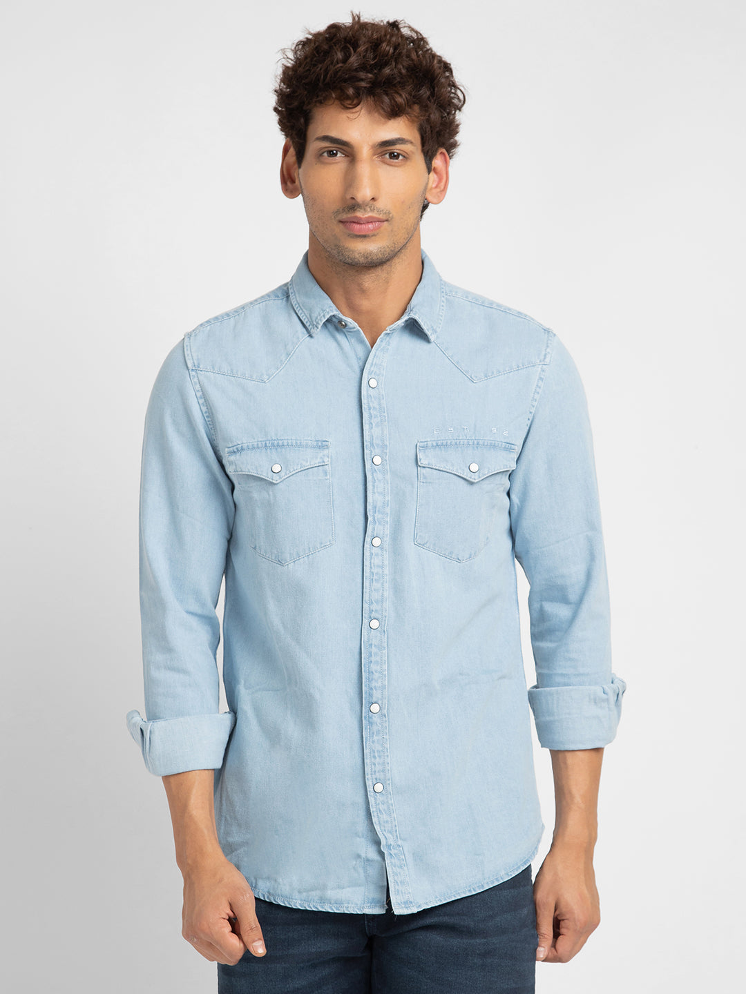 Spykar Men Light Blue Cotton Slim Fit Denim Shirt