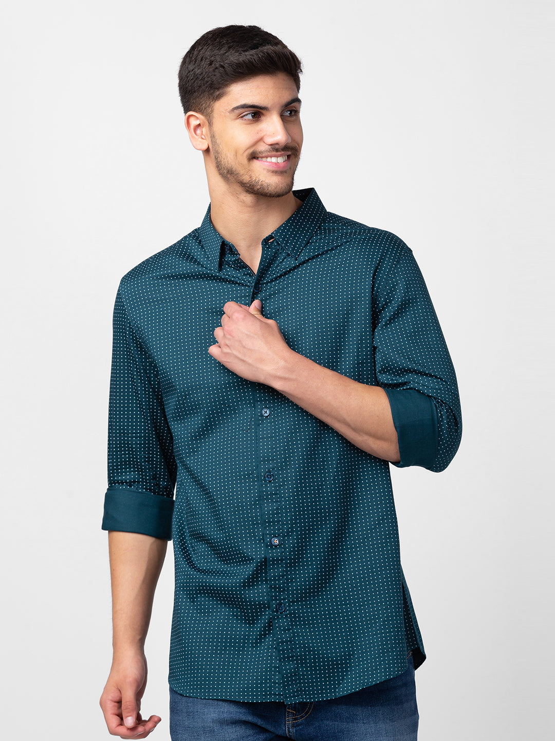 Spykar Men Teal Green Cotton Slim Fit Printed Shirt