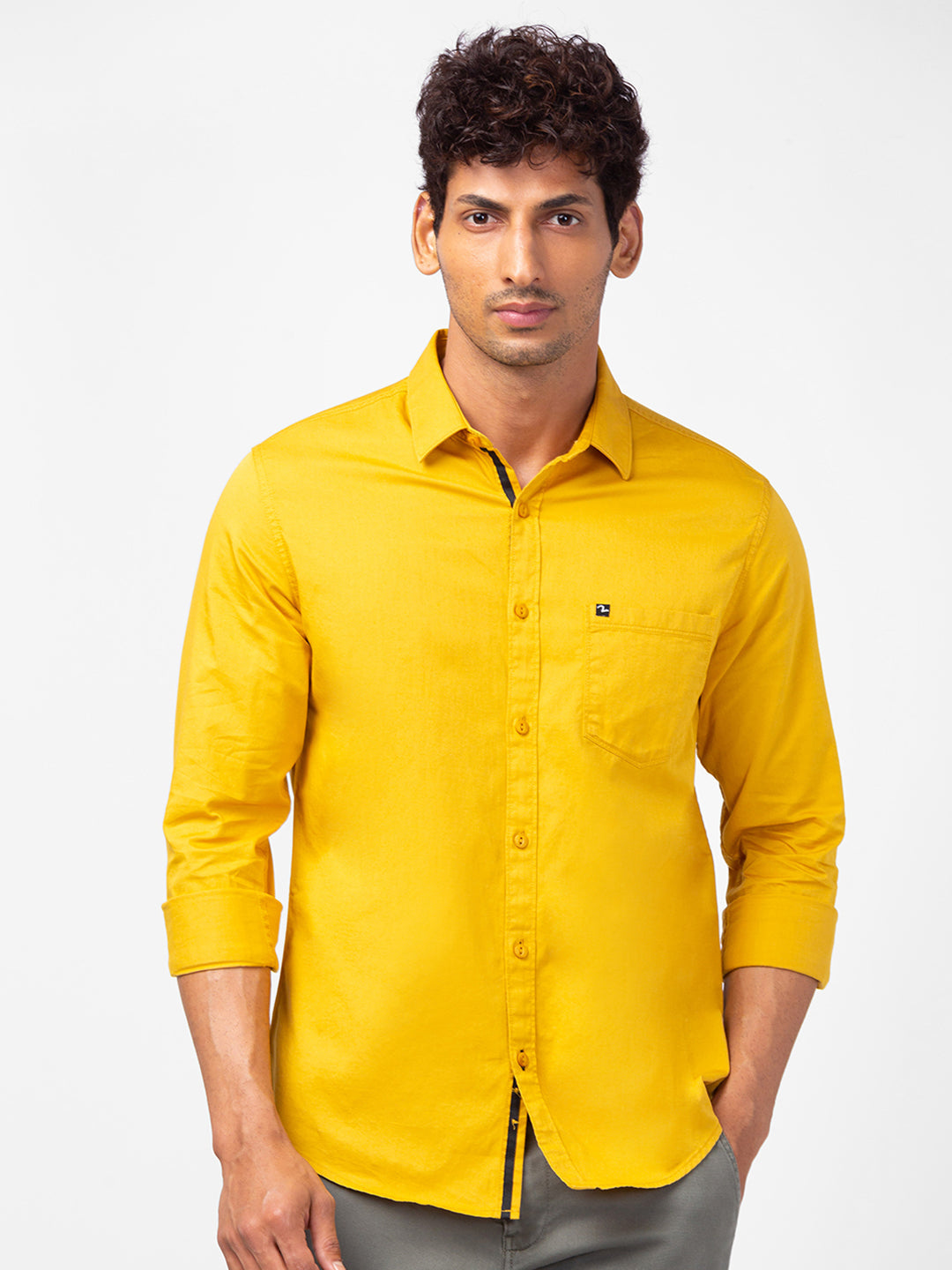 Spykar Men Mustard Yellow Cotton Slim Fit Plain Shirts