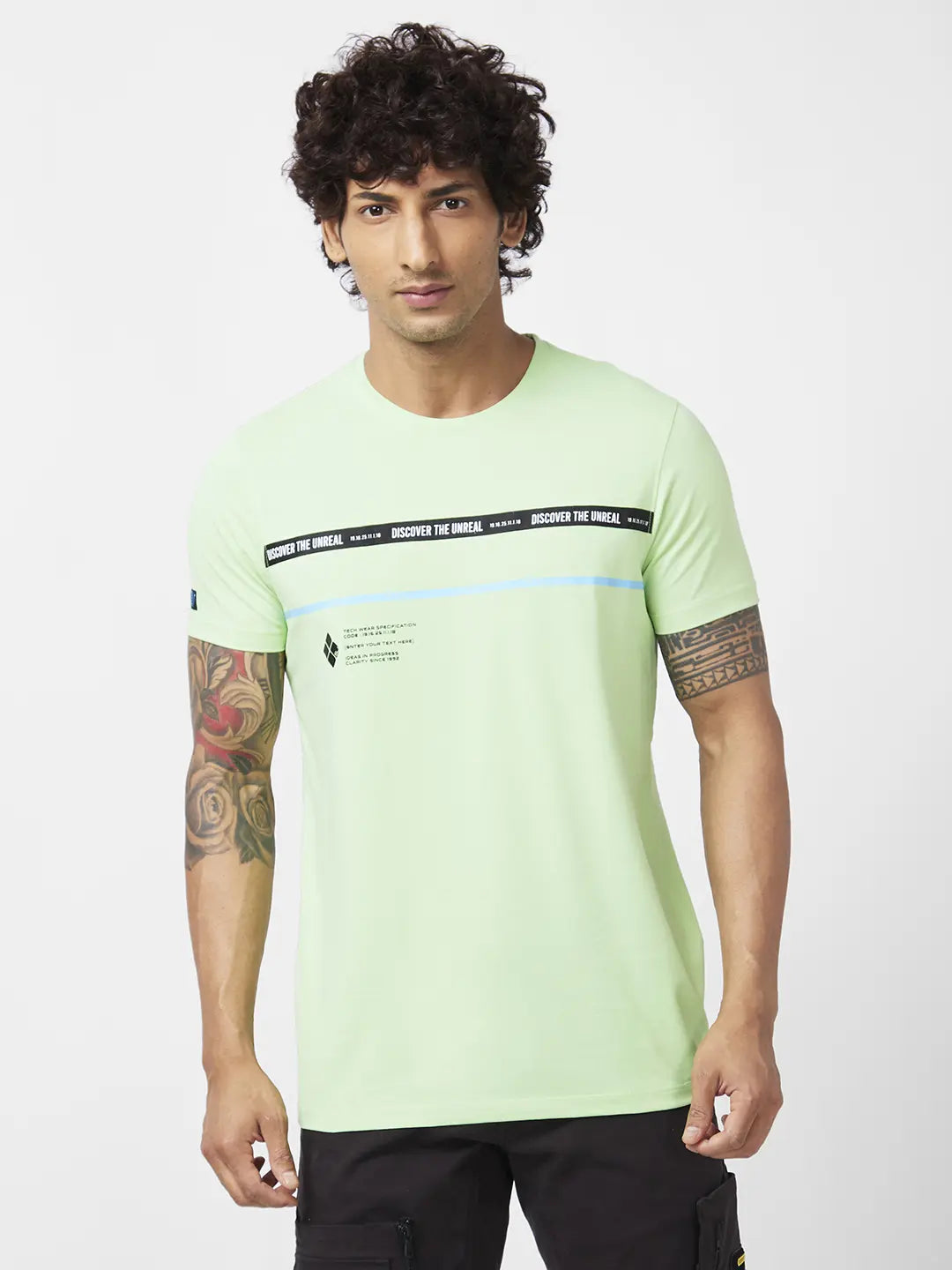 Spykar Men Mint Green Blended Slim Fit Half Sleeve Round Neck Printed Tshirt