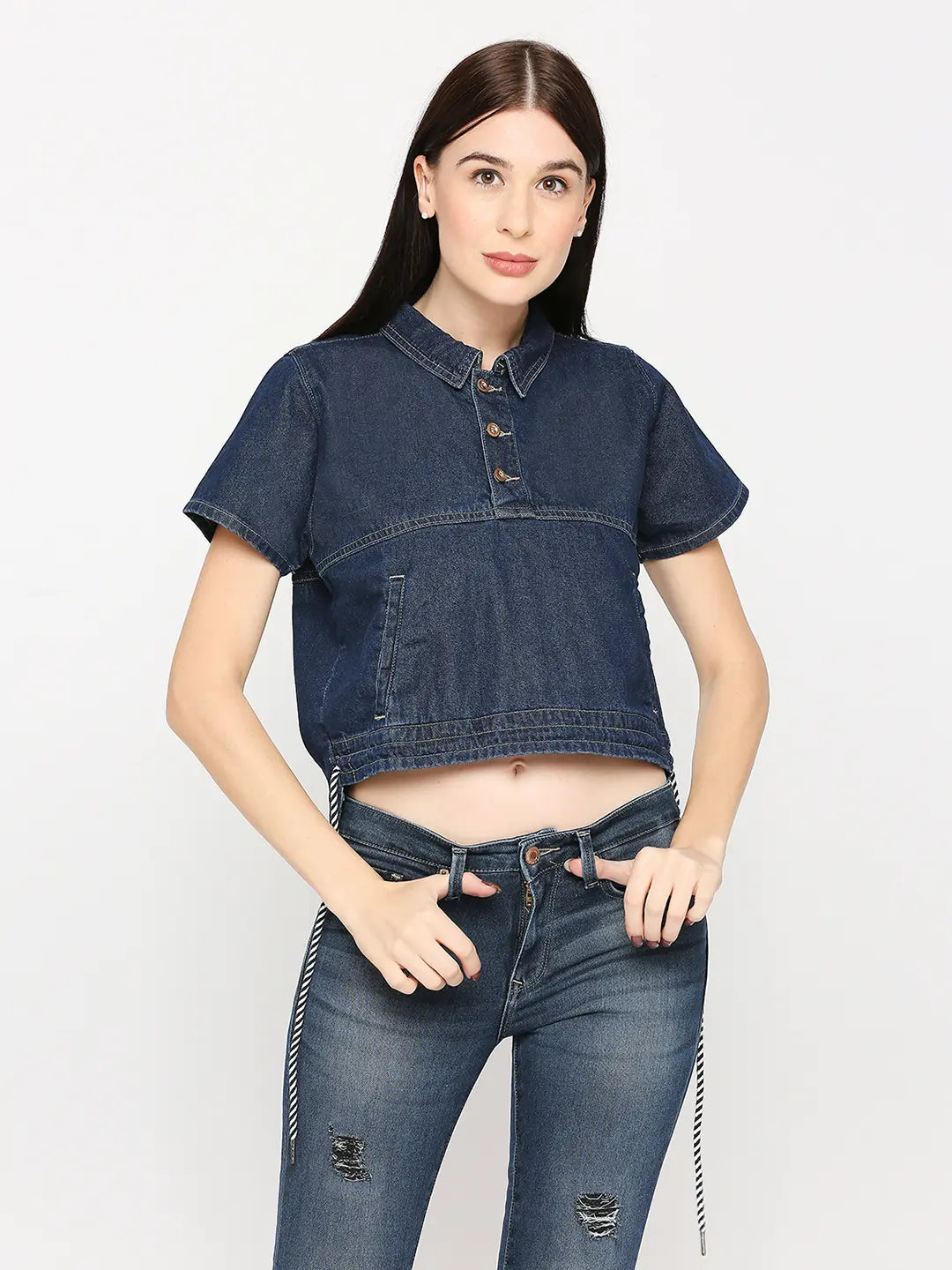 Spykar Women Dark Blue Lycra Regular Fit Denim Tshirt