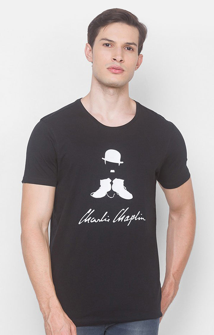 Charlie Chaplin Spykar Men Black Cotton Slim Fit Round Neck Printed T-Shirt