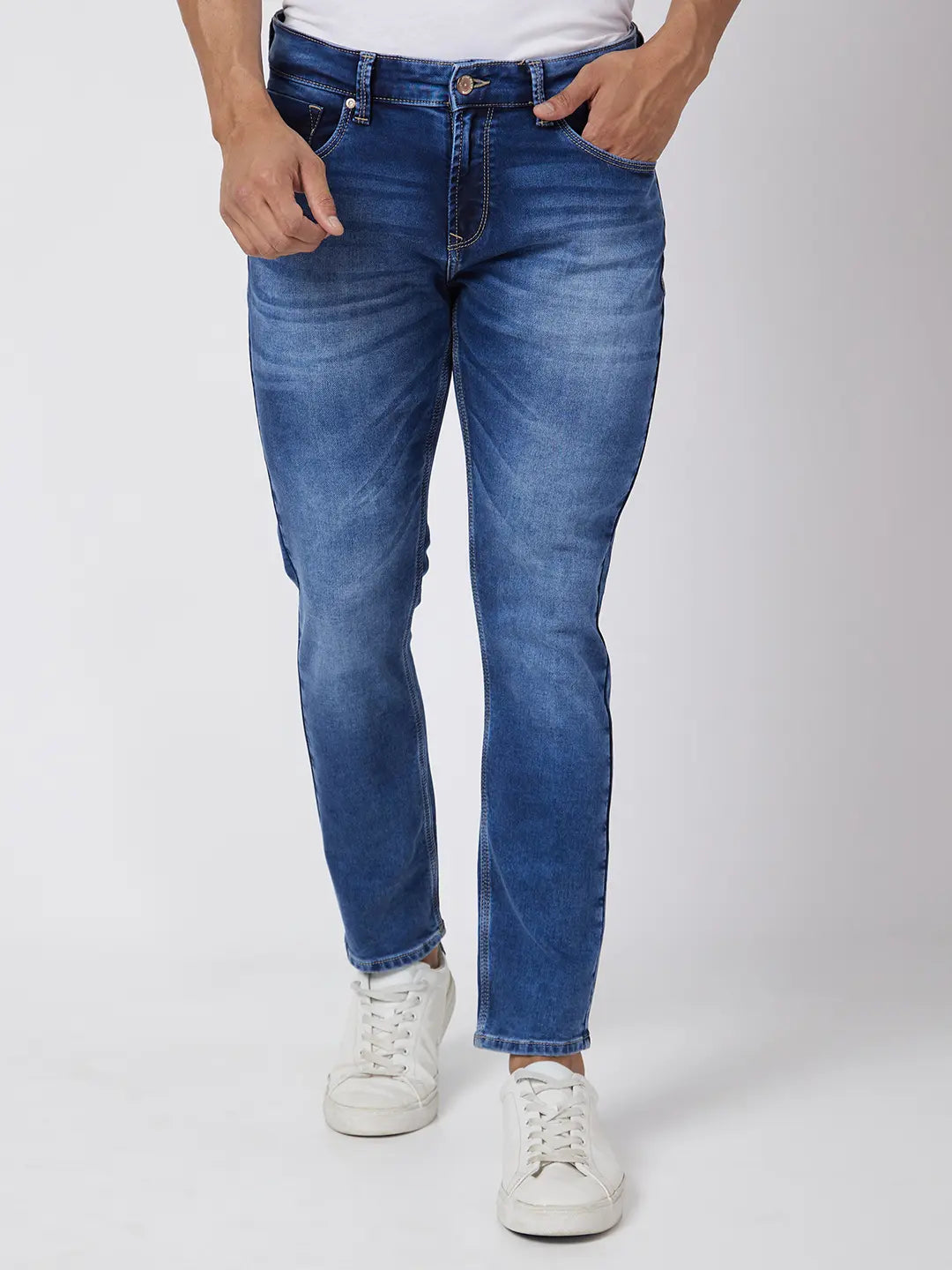 Spykar Men Mid Blue Cotton Stretch Slim Fit Tapered Length Clean Look Mid Rise Jeans (Kano)