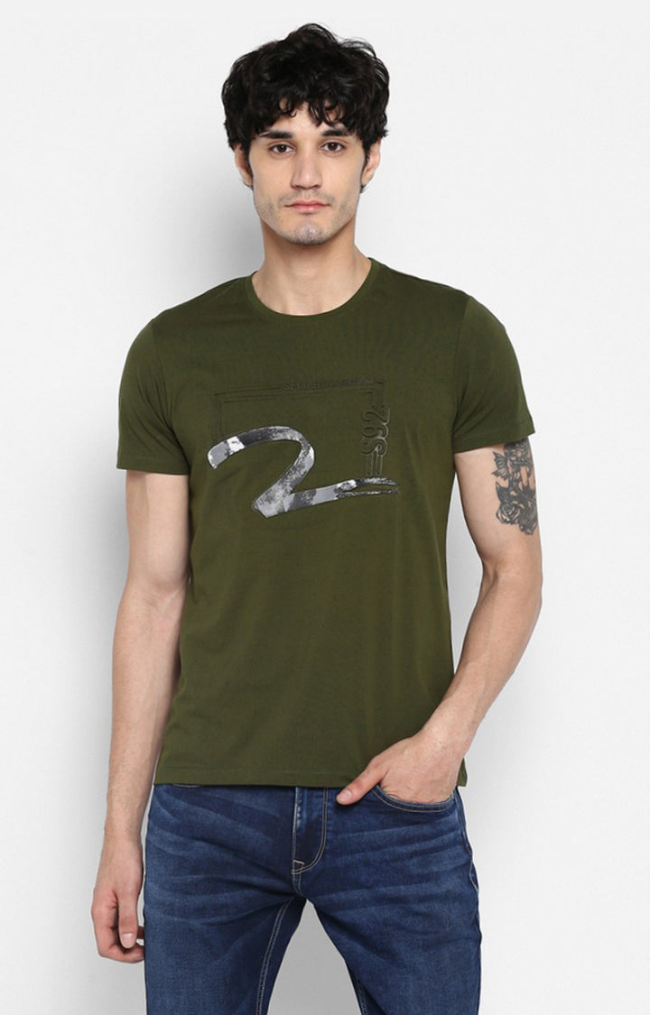 Spykar Olive Printed Slim Fit Men T-Shirts