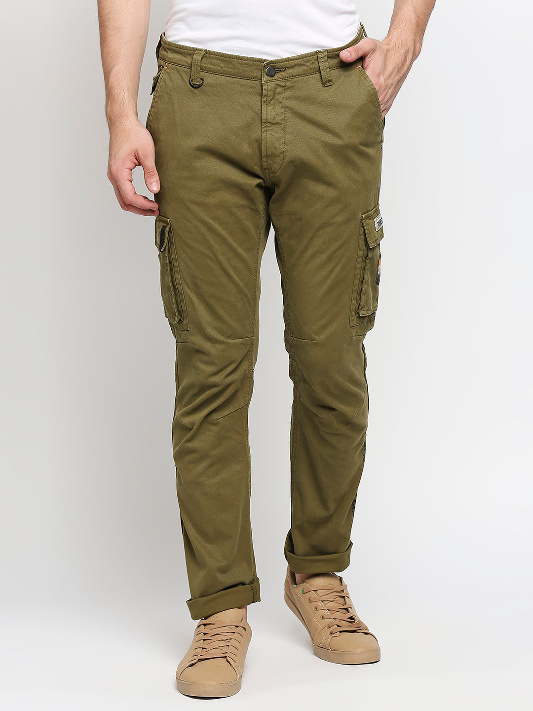 Spykar Men Military Green Solid Slim Mid-Rise Trousers