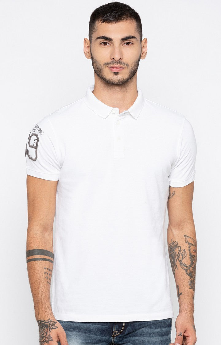 Spykar White Solid Slim Fit Polo T-Shirt