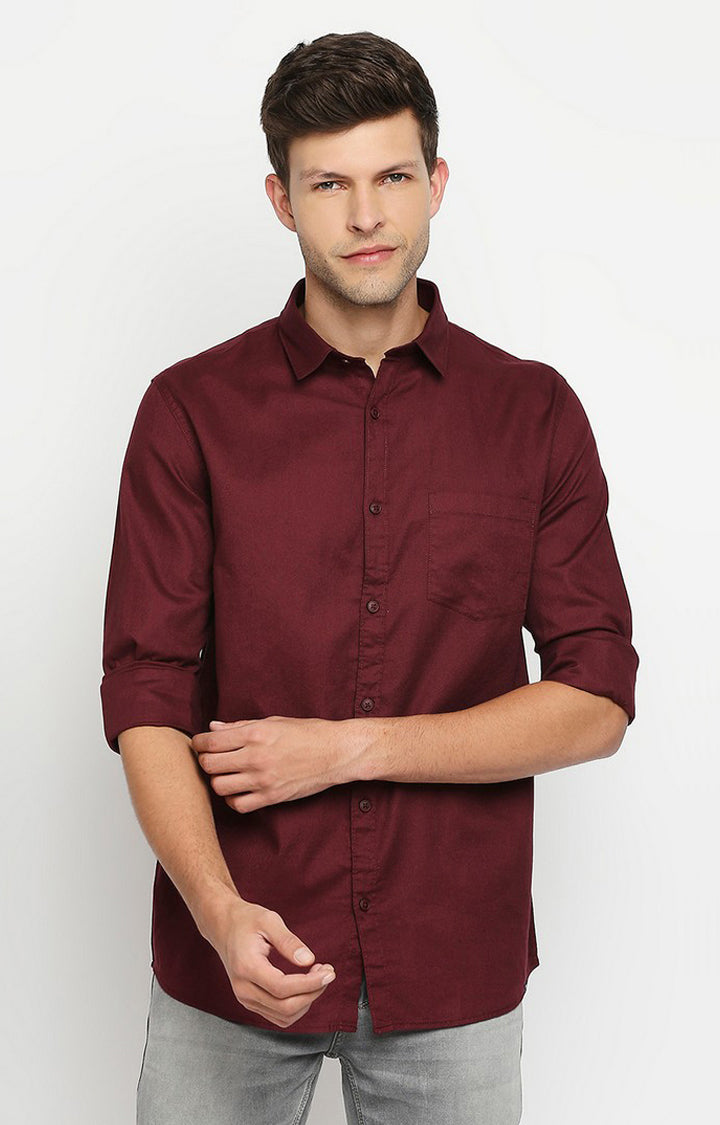 Spykar Men Maroon Slim Fit Full Sleeve Solid Shirt