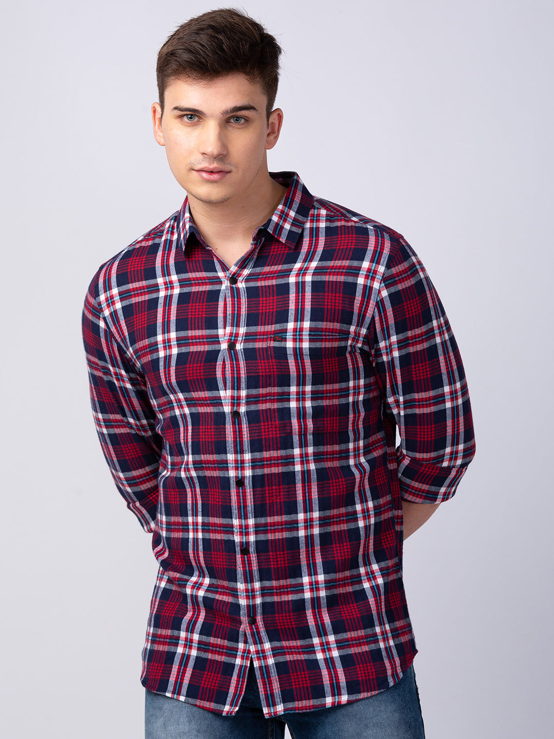 Spykar Men Deep Red Cotton Slim Fit Checkered Shirt