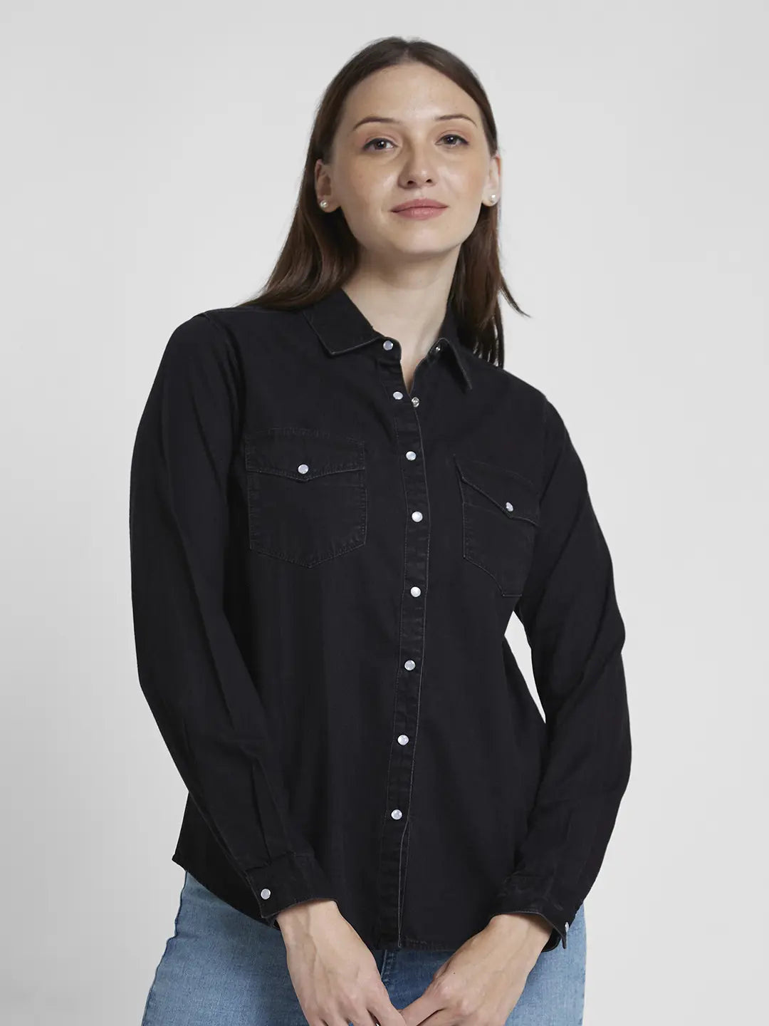 Spykar Women Black Cotton Regular Fit Full Sleeve Plain Shirt